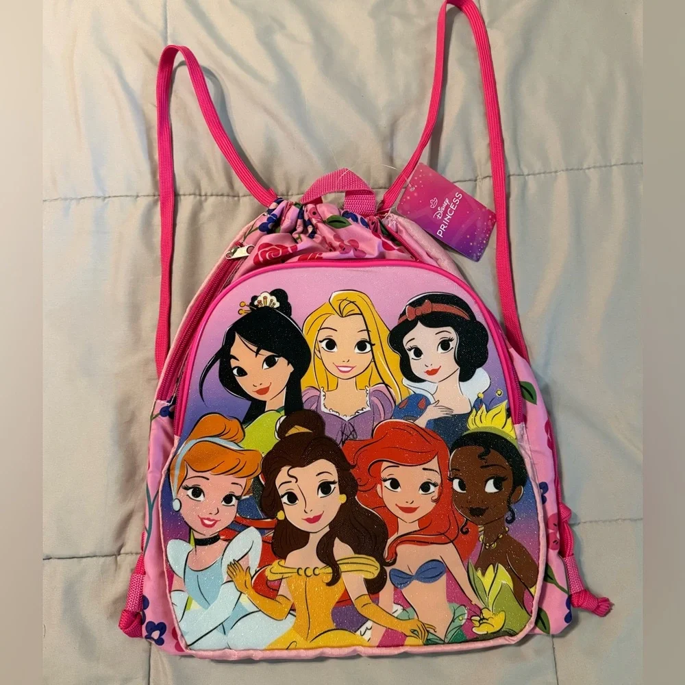 Disney Princesses Pink Drawstring Backpack 2 zipper compartments New NWT